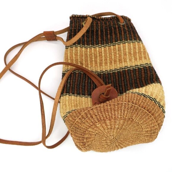 Handmade Woven Sisal Jute Leather Market Bag Bucket Backpack Sling Purse - Picture 3 of 3
